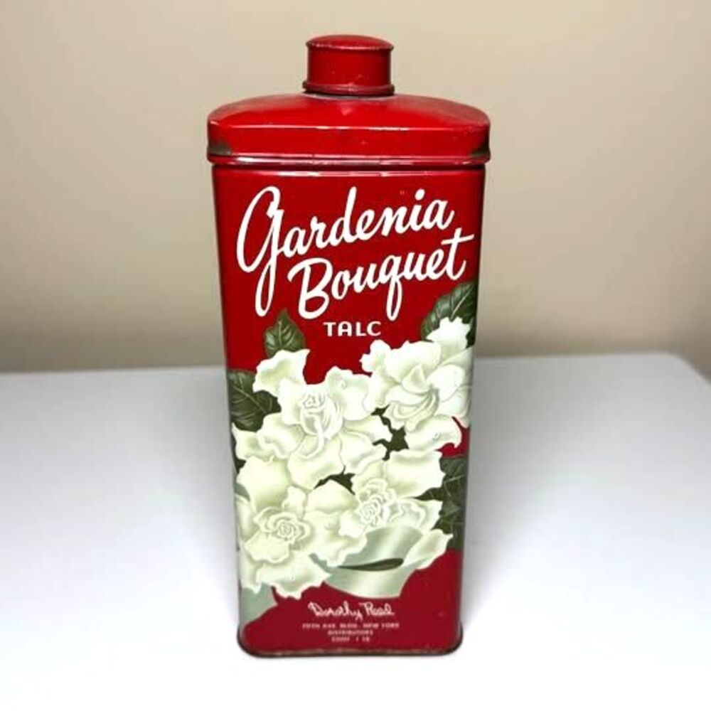 Vintage Dorothy Reed Gardenia Bouquet Talc Tin Red Floral Advertising w Powder